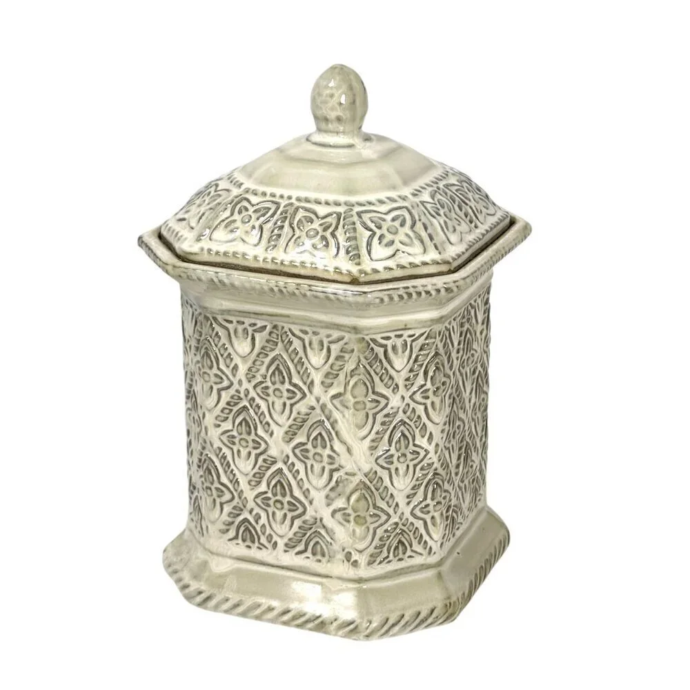 Vintage Ceramic Canister Cookie Jar Cream Kitchen Decor Floral Relief Octagonal